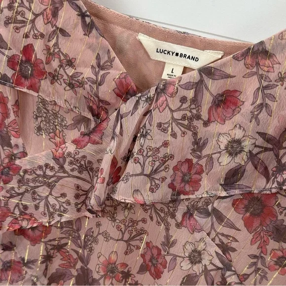 NWT Lucky Brand Women's Ruffled Chiffon Lurex Floral Midi Slip Dress Rose - Picture 6 of 16